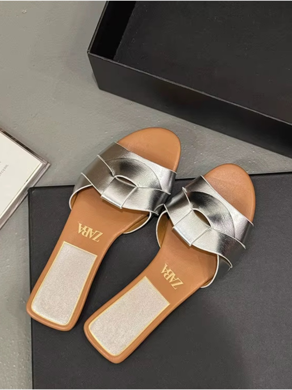 ZARA Metallic Silver Braided Slide Sandals